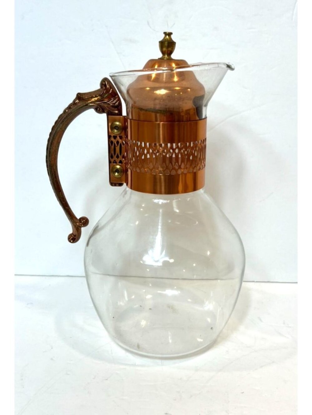 Vintage Glass Carafe Copper Lid Handle Elegant Design Heritage Princess House